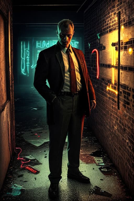  In a dimly lit, abandoned warehouse, a lone detective stands, surrounded by flickering neon signs outside the broken windows. He carefully examines a bloodstain on the floor, his flashlight revealing ominous symbols painted on the walls. The scene is filled with suspense as the detective unravels a cryptic message left by a cunning serial killer.