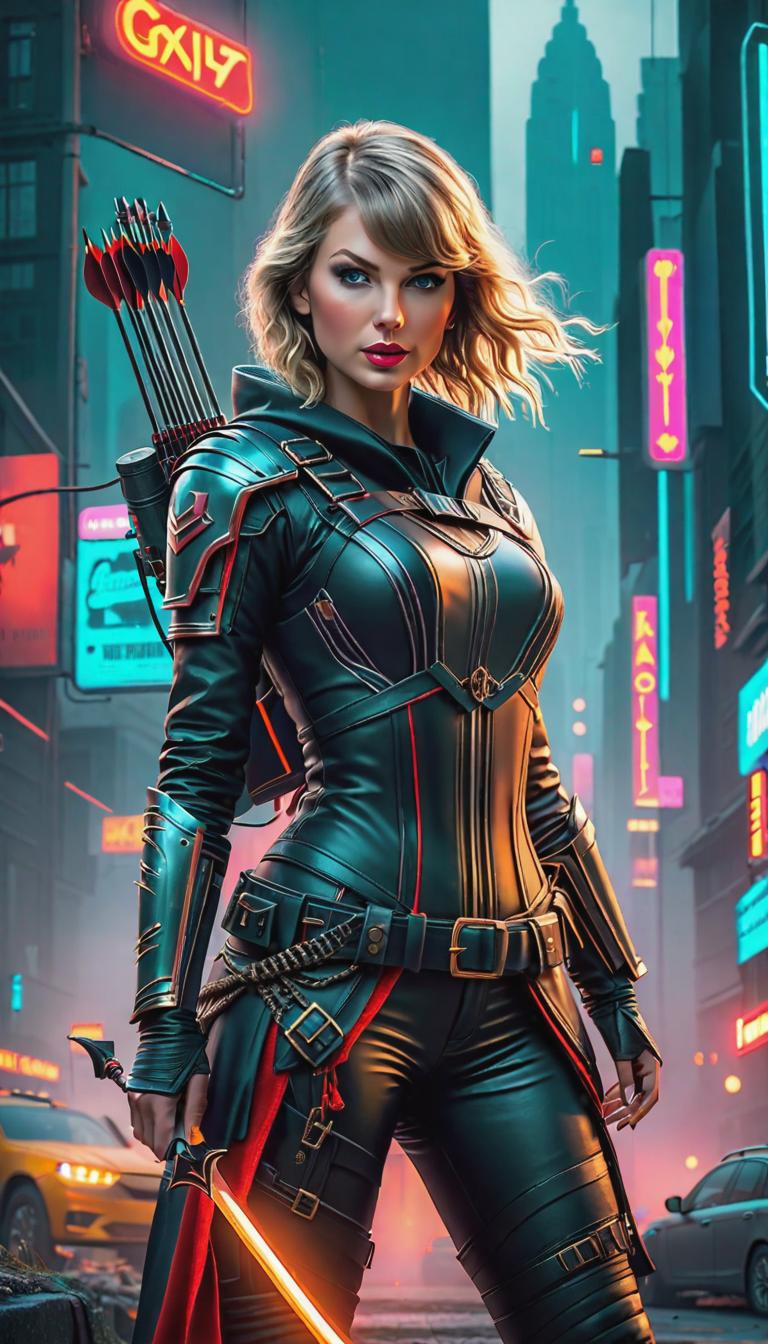  Cyberpunk style depiction of Taylor Swift as an archer. The scene is set in a world where technology has advanced, but society and human conditions have not, creating a gritty, dystopian atmosphere. hyperrealistic, full body, detailed clothing, highly detailed, cinematic lighting, stunningly beautiful, intricate, sharp focus, f/1. 8, 85mm, (centered image composition), (professionally color graded), ((bright soft diffused light)), volumetric fog, trending on instagram, trending on tumblr, HDR 4K, 8K