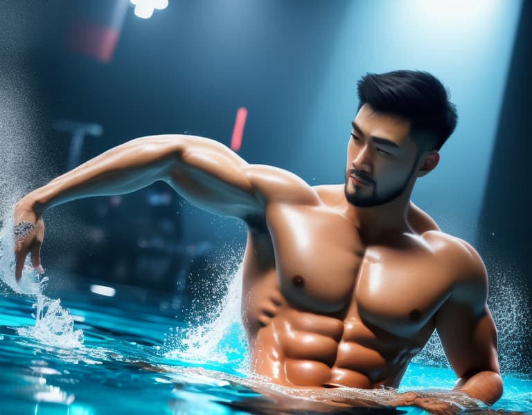  health, muscle, freedom, Chinese beautiful boy, swimming， body，chest hair hyperrealistic, full body, detailed clothing, highly detailed, cinematic lighting, stunningly beautiful, intricate, sharp focus, f/1. 8, 85mm, (centered image composition), (professionally color graded), ((bright soft diffused light)), volumetric fog, trending on instagram, trending on tumblr, HDR 4K, 8K