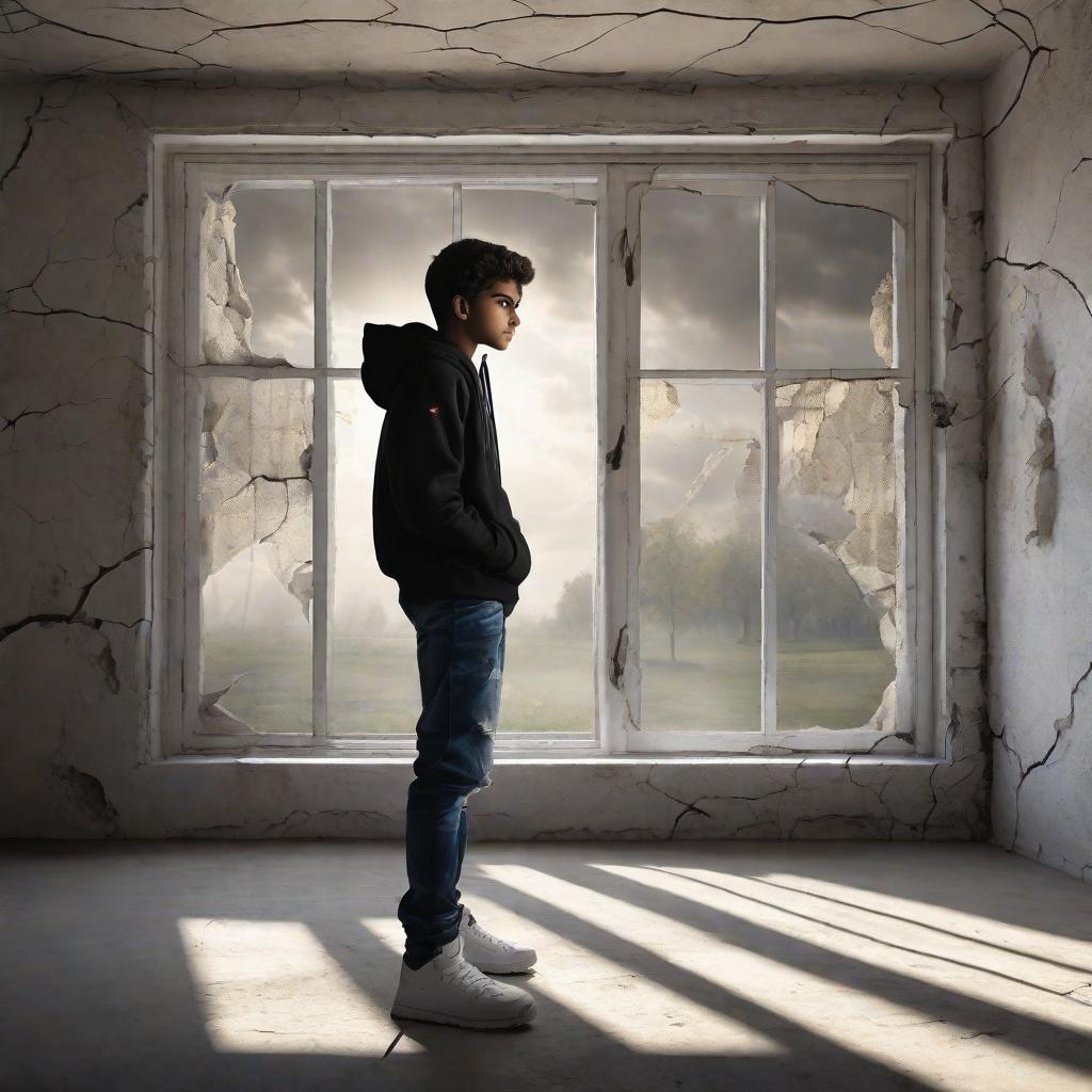  masterpiece, best quality, A real 19-year-old cute Pakistani boy stands in a dimly lit home, illuminated by a single ray of light streaming through a cracked window. He wears a black hoodie with the name "Zunair" written on it, paired with jeans. His stylish hair adds to his charm as he looks directly into the camera with a hint of mystery in his eyes. The background consists of dark, empty fields creating an eerie atmosphere. The image is captured in 16K ultra quality, highlighting every detail of the boy's features and the surrounding environment. (Photography, dramatic lighting, 16K ultra quality image)