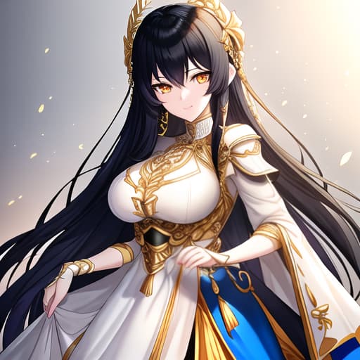  a girl manhua character with black hair and orange eyes with white skin wearing royal blue and gold noble dress hyperrealistic, full body, detailed clothing, highly detailed, cinematic lighting, stunningly beautiful, intricate, sharp focus, f/1. 8, 85mm, (centered image composition), (professionally color graded), ((bright soft diffused light)), volumetric fog, trending on instagram, trending on tumblr, HDR 4K, 8K