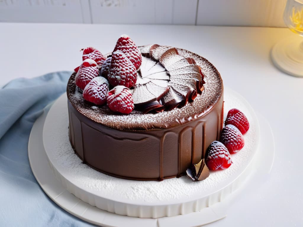  A highresolution, ultradetailed image of a decadent chocolate cake topped with fresh raspberries and a light dusting of xilitol powder, presented on a sleek, modern white plate against a minimalist background. The cake is perfectly sliced to showcase its moist interior, with the rich chocolate layers glistening in the light and the vibrant red raspberries adding a pop of color to the scene. The xilitol powder delicately sprinkled on top sparkles like fine sugar, creating an enticing visual contrast and highlighting the article's theme of lowcalorie, delicious desserts. hyperrealistic, full body, detailed clothing, highly detailed, cinematic lighting, stunningly beautiful, intricate, sharp focus, f/1. 8, 85mm, (centered image composition), (professionally color graded), ((bright soft diffused light)), volumetric fog, trending on instagram, trending on tumblr, HDR 4K, 8K