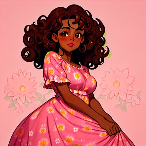  Woman with tanned skin, dark curly hair, dark brown eyes, full and slightly pink lips, round cheeks, wearing a flowery dress.