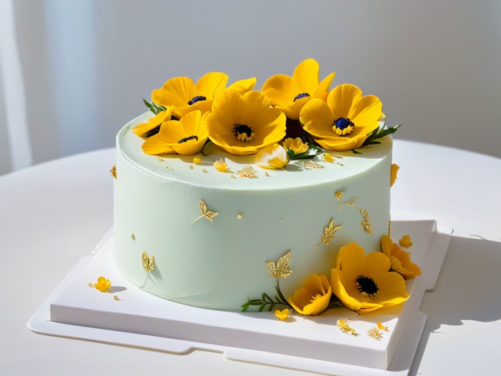  A closeup, ultradetailed image of a perfectly frosted cake adorned with delicate edible flowers, intricate piped designs, and shimmering gold leaf accents, all set against a sleek, modern backdrop with soft, natural lighting that highlights every exquisite detail of the innovative pastry artistry. hyperrealistic, full body, detailed clothing, highly detailed, cinematic lighting, stunningly beautiful, intricate, sharp focus, f/1. 8, 85mm, (centered image composition), (professionally color graded), ((bright soft diffused light)), volumetric fog, trending on instagram, trending on tumblr, HDR 4K, 8K