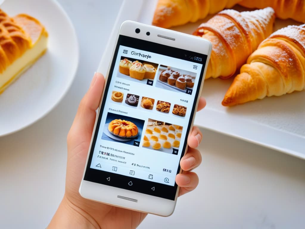  An ultradetailed image of a sleek, modern smartphone displaying a cuttingedge baking app interface. The screen shows vibrant, highresolution images of decadent pastries and a userfriendly design with advanced recipe customization features. The background is a soft, blurred pastry shop setting, highlighting the seamless integration of technology and culinary artistry. hyperrealistic, full body, detailed clothing, highly detailed, cinematic lighting, stunningly beautiful, intricate, sharp focus, f/1. 8, 85mm, (centered image composition), (professionally color graded), ((bright soft diffused light)), volumetric fog, trending on instagram, trending on tumblr, HDR 4K, 8K