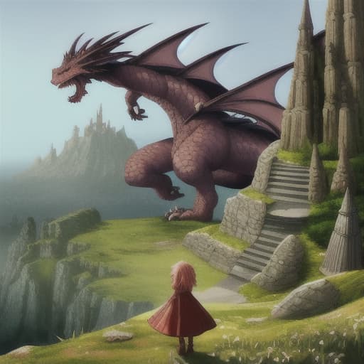  Big dragons on a hill and fantasy with a small girl standing