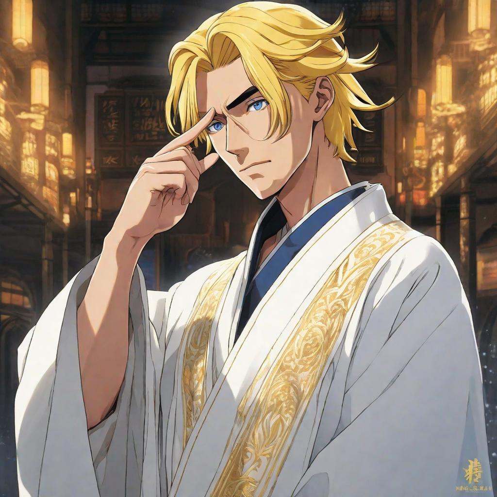  A young man with yellow hair and blue eyes is standing, wearing a white abaya, and placing two fingers on his forehead., anime concept art by Hayao Miyazaki, featured on pixiv, fantasy art, concept art, official art, high detailed hyperrealistic, full body, detailed clothing, highly detailed, cinematic lighting, stunningly beautiful, intricate, sharp focus, f/1. 8, 85mm, (centered image composition), (professionally color graded), ((bright soft diffused light)), volumetric fog, trending on instagram, trending on tumblr, HDR 4K, 8K