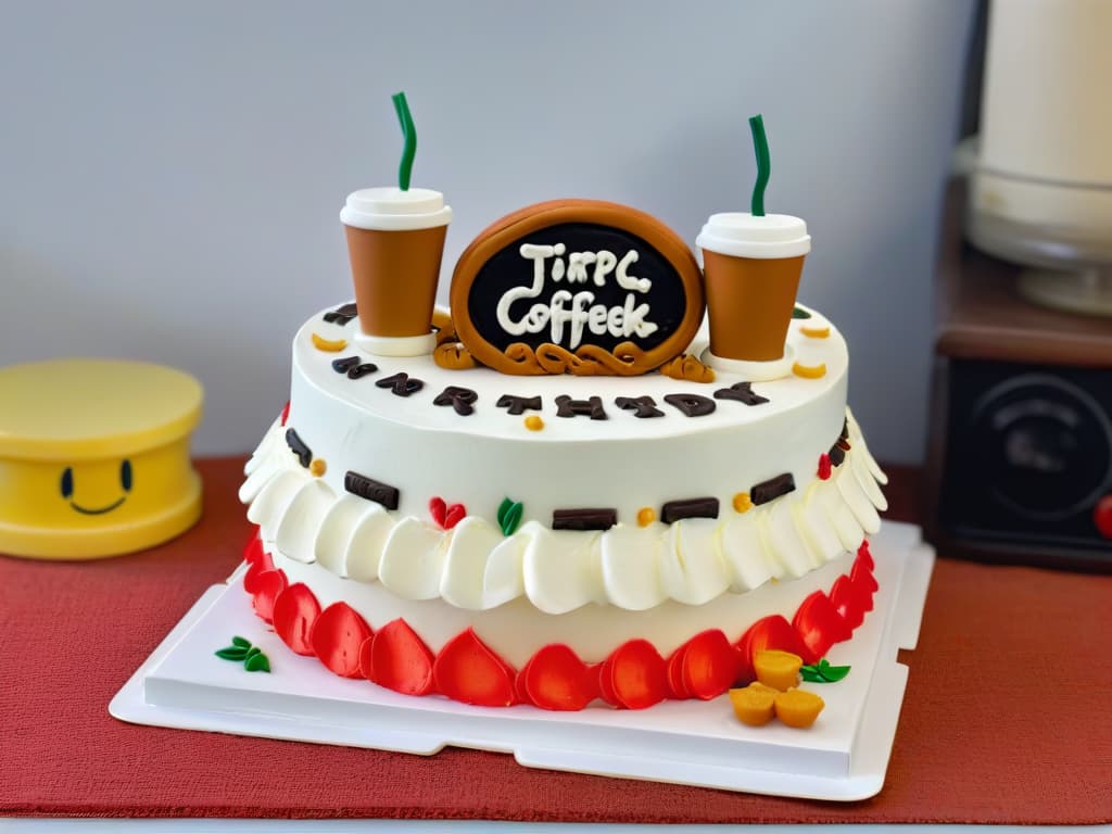  A minimalistic image of a beautifully decorated cake inspired by the iconic Central Perk coffee shop from the TV show Friends. The cake features delicate fondant decorations in the shape of coffee cups, the Central Perk logo, and the six main characters' silhouettes, all set against a simple, clean background to highlight the intricate details of the cake design. hyperrealistic, full body, detailed clothing, highly detailed, cinematic lighting, stunningly beautiful, intricate, sharp focus, f/1. 8, 85mm, (centered image composition), (professionally color graded), ((bright soft diffused light)), volumetric fog, trending on instagram, trending on tumblr, HDR 4K, 8K