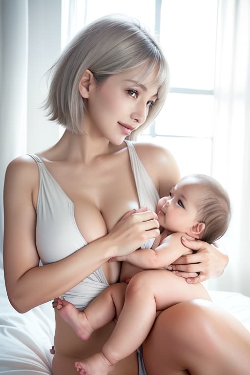  Breastfeeding Beauty Beauty Short Hair Light Silver Hair Breastful Breast Breasts Nice Smile, (Masterpiece, BestQuality:1.3), (ultra detailed:1.2), (hyperrealistic:1.3), (RAW photo:1.2),High detail RAW color photo, professional photograph, (Photorealistic:1.4), (realistic:1.4), ,professional lighting, (japanese), beautiful face, (realistic face)