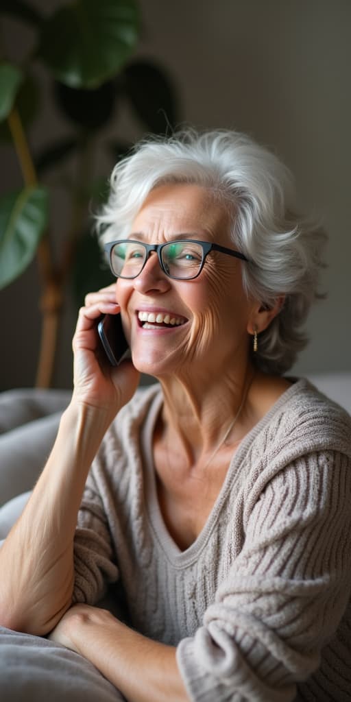  good quality, high quality, joyful senior woman enjoying phone call from the comfort of home