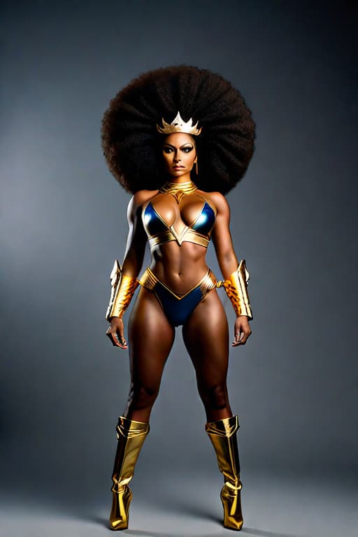  Black Women Ashanti Queen super hero stood high, behind her, looking straight, afro hair , black eyes, dark skin, gold crown hyperrealistic, full body, detailed clothing, highly detailed, cinematic lighting, stunningly beautiful, intricate, sharp focus, f/1. 8, 85mm, (centered image composition), (professionally color graded), ((bright soft diffused light)), volumetric fog, trending on instagram, trending on tumblr, HDR 4K, 8K