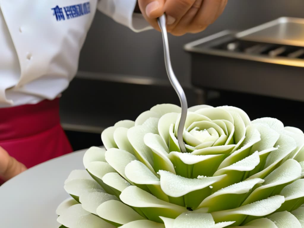  An ultradetailed closeup image of a delicate, intricate sugar flower being meticulously crafted by a master pastry chef's hands. The focus is on the chef's precise movements as they shape each petal and detail with precision, showcasing the artistry and skill involved in gourmet pastry making. The image captures the essence of dedication, expertise, and creativity that define the world of gourmet pastry chefs, appealing to the audience's desire for sophistication and excellence in the culinary arts. hyperrealistic, full body, detailed clothing, highly detailed, cinematic lighting, stunningly beautiful, intricate, sharp focus, f/1. 8, 85mm, (centered image composition), (professionally color graded), ((bright soft diffused light)), volumetric fog, trending on instagram, trending on tumblr, HDR 4K, 8K