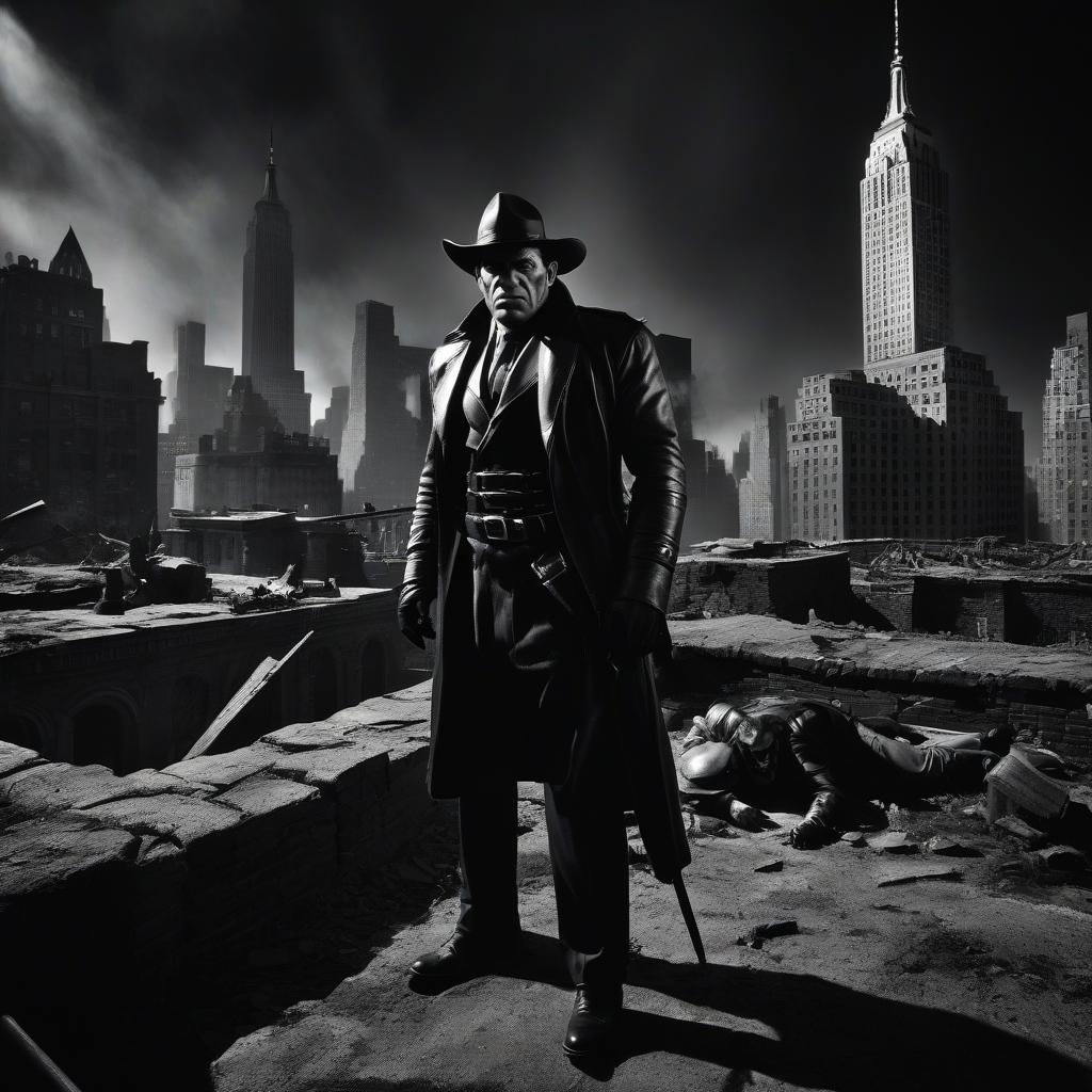  film noir style There are evil orcs roaming the ruins of New York City. . monochrome, high contrast, dramatic shadows, 1940s style, mysterious, cinematic hyperrealistic, full body, detailed clothing, highly detailed, cinematic lighting, stunningly beautiful, intricate, sharp focus, f/1. 8, 85mm, (centered image composition), (professionally color graded), ((bright soft diffused light)), volumetric fog, trending on instagram, trending on tumblr, HDR 4K, 8K