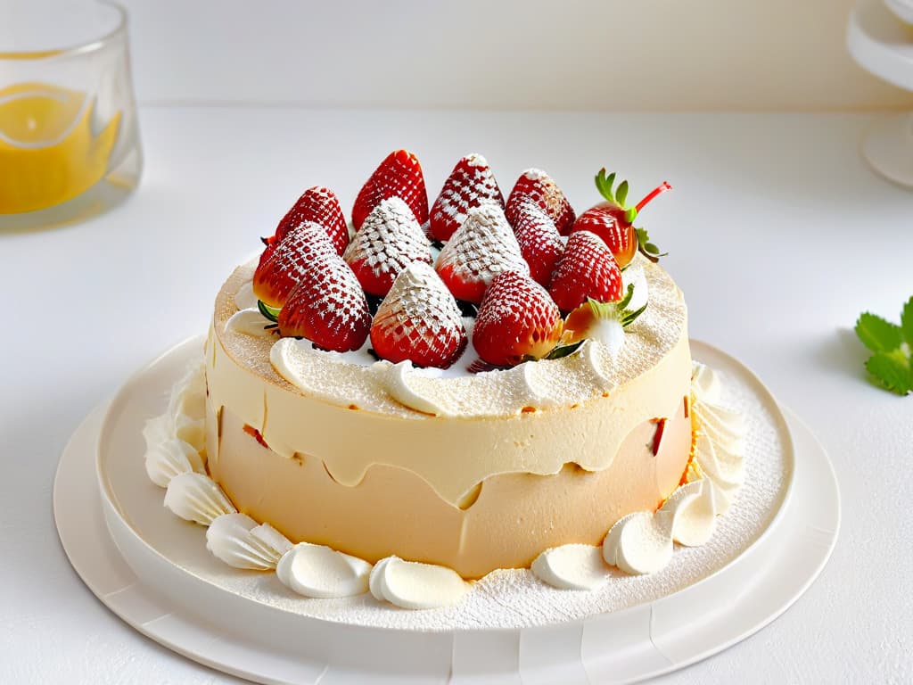  A highresolution image of a beautifully plated tres leches cake, decorated with fresh strawberries and a dusting of powdered sugar, set against a clean white background. The cake is moist and decadent, with a glossy finish that showcases the intricate details of the dessert. The strawberries are vibrant and fresh, adding a pop of color to the elegant presentation. This minimalistic image captures the essence of Latin American desserts with a sophisticated and appetizing aesthetic. hyperrealistic, full body, detailed clothing, highly detailed, cinematic lighting, stunningly beautiful, intricate, sharp focus, f/1. 8, 85mm, (centered image composition), (professionally color graded), ((bright soft diffused light)), volumetric fog, trending on instagram, trending on tumblr, HDR 4K, 8K