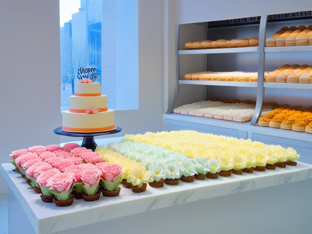  A pristine, minimalist white marble countertop in a professional bakery kitchen, featuring an array of neatly arranged piping bags in various pastel colors, surrounded by delicate sugar flowers and meticulously crafted fondant decorations. The soft natural light filtering in through a nearby window casts gentle shadows, highlighting the impeccable details of the confectionery tools and ingredients. hyperrealistic, full body, detailed clothing, highly detailed, cinematic lighting, stunningly beautiful, intricate, sharp focus, f/1. 8, 85mm, (centered image composition), (professionally color graded), ((bright soft diffused light)), volumetric fog, trending on instagram, trending on tumblr, HDR 4K, 8K