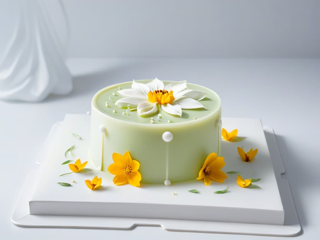  A highresolution, minimalist image of a beautifully plated, avantgarde dessert showcasing intricate design elements like delicate sugar sculptures, edible flowers, and a glossy mirror glaze, set against a simple, elegant backdrop to emphasize the innovative and artistic approach to pastry making highlighted in the article. hyperrealistic, full body, detailed clothing, highly detailed, cinematic lighting, stunningly beautiful, intricate, sharp focus, f/1. 8, 85mm, (centered image composition), (professionally color graded), ((bright soft diffused light)), volumetric fog, trending on instagram, trending on tumblr, HDR 4K, 8K