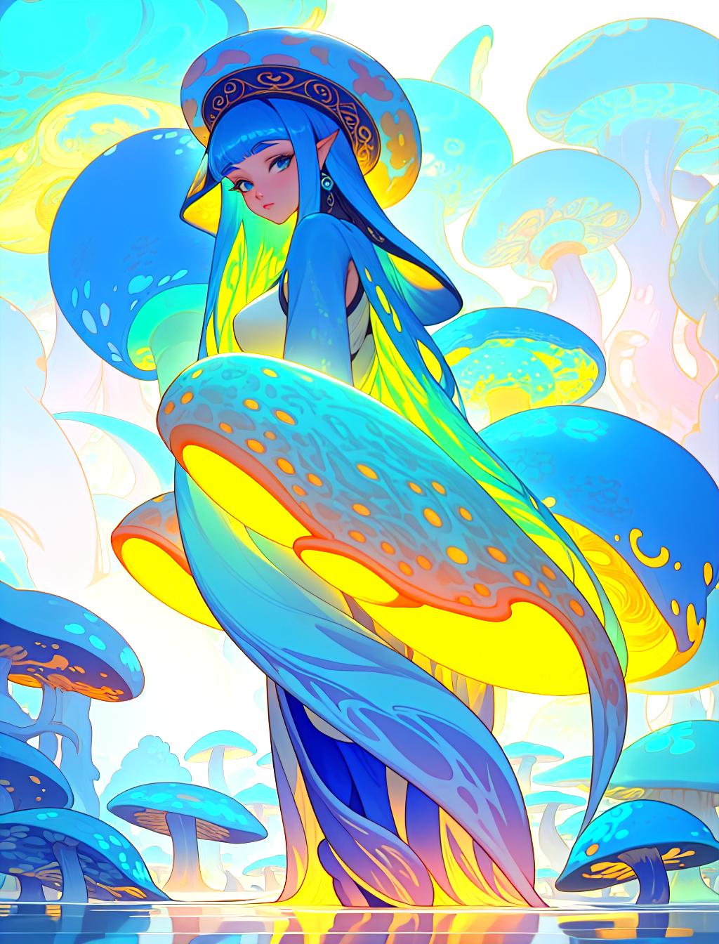  Create a digital artwork inspired by the style of loish on Artstation, featuring a woman portrayed with vibrant blue mushrooms adorning her head. Infuse the piece with psychedelic elements, incorporating a white alien squid motif along with fine intricate details. The artwork should evoke an anime aesthetic, incorporating tentacles reminiscent of both loish and ross tran's work, hyperrealistic, full body, detailed clothing, highly detailed, cinematic lighting, stunningly beautiful, intricate, sharp focus, f/1. 8, 85mm, (centered image composition), (professionally color graded), ((bright soft diffused light)), volumetric fog, trending on instagram, trending on tumblr, HDR 4K, 8K hyperrealistic, full body, detailed clothing, highly detailed, cinematic lighting, stunningly beautiful, intricate, sharp focus, f/1. 8, 85mm, (centered image composition), (professionally color graded), ((bright soft diffused light)), volumetric fog, trending on instagram, trending on tumblr, HDR 4K, 8K