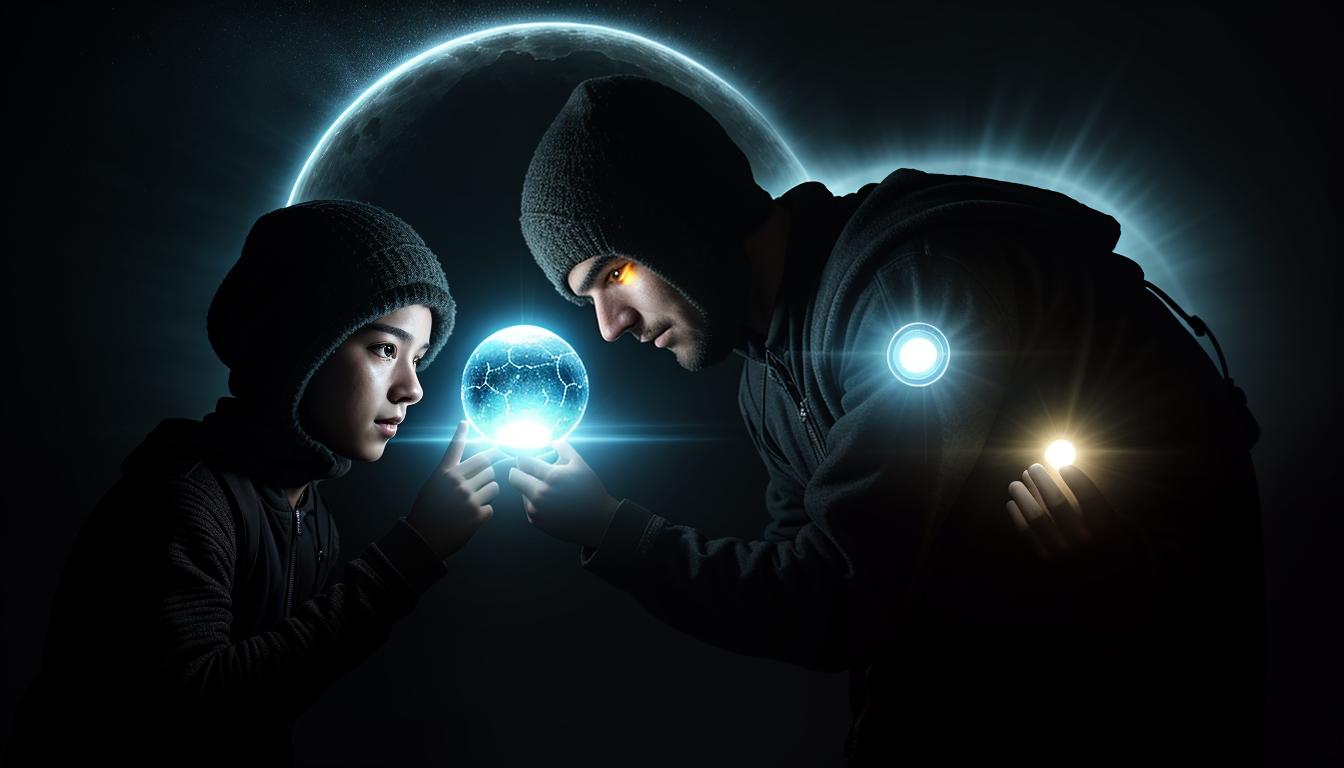  digital illustration, Two hands exchanging a glowing orb, one hand slightly shadowed, suggesting a tactical layer, light in contrast with darkness, energetic, calculated., looking at viewer, dynamic pose, (intricate details, masterpiece, best quality)