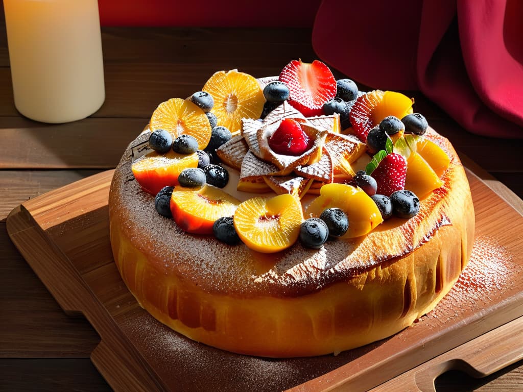  An exquisitely minimalistic image of a freshly baked Roscón de Reyes, elegantly adorned with glazed fruits and a sprinkle of powdered sugar, set against a backdrop of a rustic wooden table, with soft natural light gently illuminating its golden crust and intricate design. The focus is on the intricate details of the bread, showcasing its glossy finish and inviting texture, inviting the viewer to savor the traditional Spanish delicacy visually. hyperrealistic, full body, detailed clothing, highly detailed, cinematic lighting, stunningly beautiful, intricate, sharp focus, f/1. 8, 85mm, (centered image composition), (professionally color graded), ((bright soft diffused light)), volumetric fog, trending on instagram, trending on tumblr, HDR 4K, 8K