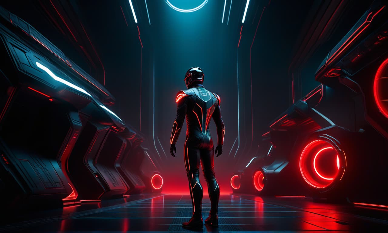  TRON Black and Red concepts.Dark science fiction.abstract. concept art. cinematic. ultra realism. abstract. art. . science fiction. 3D, oil painted. Epic. high detail. perfect lighting. perfect contrast. perfect composition.concept art. dark atmosphere. 85mm. Super PanaVision 70 hyperrealistic, full body, detailed clothing, highly detailed, cinematic lighting, stunningly beautiful, intricate, sharp focus, f/1. 8, 85mm, (centered image composition), (professionally color graded), ((bright soft diffused light)), volumetric fog, trending on instagram, trending on tumblr, HDR 4K, 8K