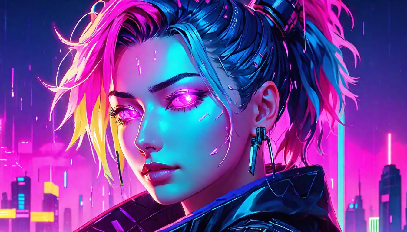  vaporwave,cyberpunk game style A brave face with tears rolling down, NOT A MARK OF SORROW BUT OF STRENGTH, LIGHT AND SHADOW PLAY ON THE FEATURES, COLORS: Soft contrasts of light and darkeon, dystopian, futuristic, digital, vibrant, detailed, high contrast, reminiscent of cyberpunk genre video games,retro aesthetic, cyberpunk, vibrant, neon colors, vintage 80s and 90s style, highly detailed