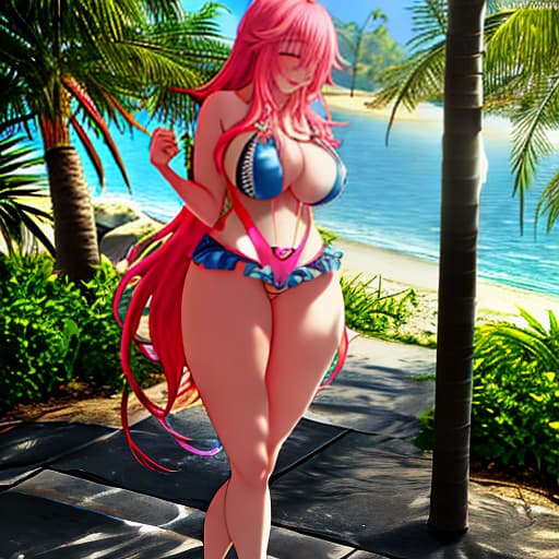  anime with long pink hair with big size wearing a swim suit with big blushing and closing her eyes and smiling at me hyperrealistic, full body, detailed clothing, highly detailed, cinematic lighting, stunningly beautiful, intricate, sharp focus, f/1. 8, 85mm, (centered image composition), (professionally color graded), ((bright soft diffused light)), volumetric fog, trending on instagram, trending on tumblr, HDR 4K, 8K