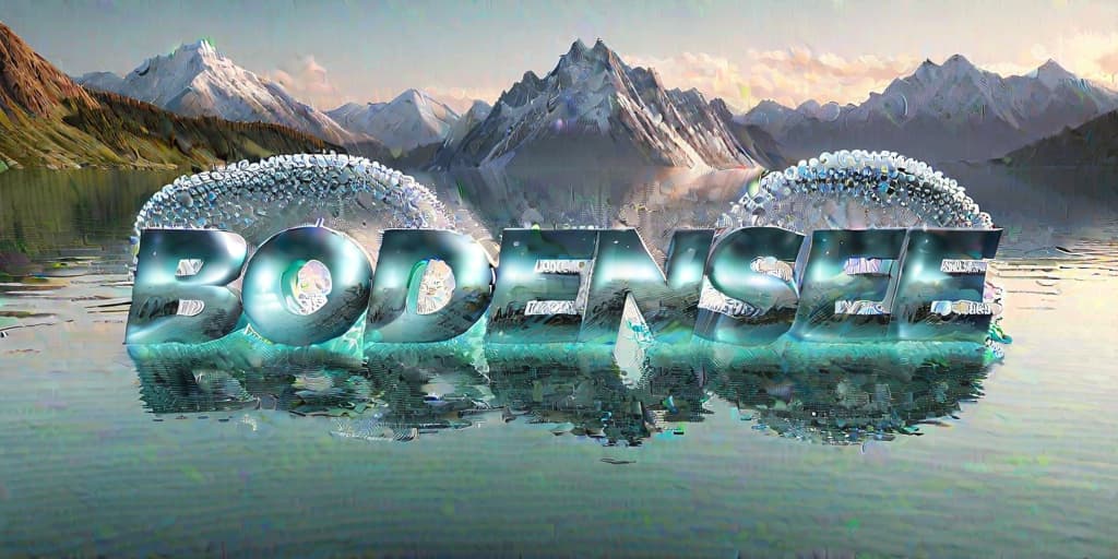  3D Bubble Lettering over a Lake, with mountains in the background. Rendered in high resolution 3D model style, with a clear focus on the bubble texture. best quality