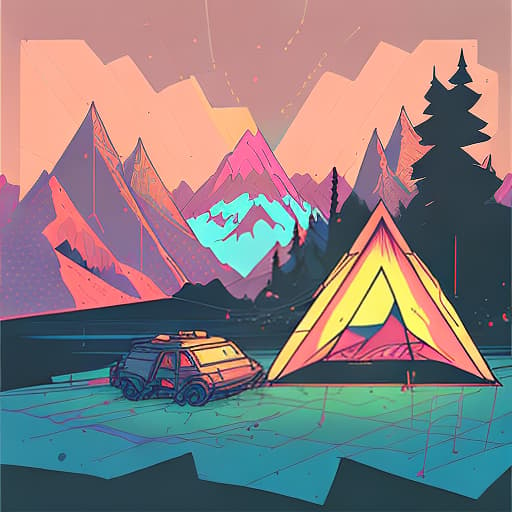 nvinkpunk Whimsical mountains with trees, camping tent and campfire