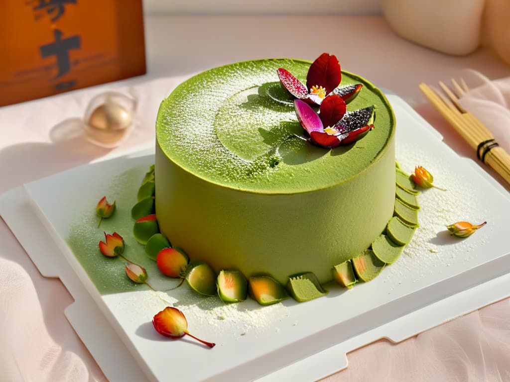  An ultradetailed image of a traditional Japanese matcha green tea tiramisu surrounded by delicate cherry blossom petals, sitting on a minimalist white plate with elegant gold accents. The dessert is meticulously layered with rich matchainfused mascarpone cream, delicate sponge cake soaked in sweet sake, and topped with a dusting of vibrant green matcha powder. The background showcases a subtle bamboo mat to complement the fusion of Japanese and Italian flavors, creating a visually stunning and appetizing composition. hyperrealistic, full body, detailed clothing, highly detailed, cinematic lighting, stunningly beautiful, intricate, sharp focus, f/1. 8, 85mm, (centered image composition), (professionally color graded), ((bright soft diffused light)), volumetric fog, trending on instagram, trending on tumblr, HDR 4K, 8K