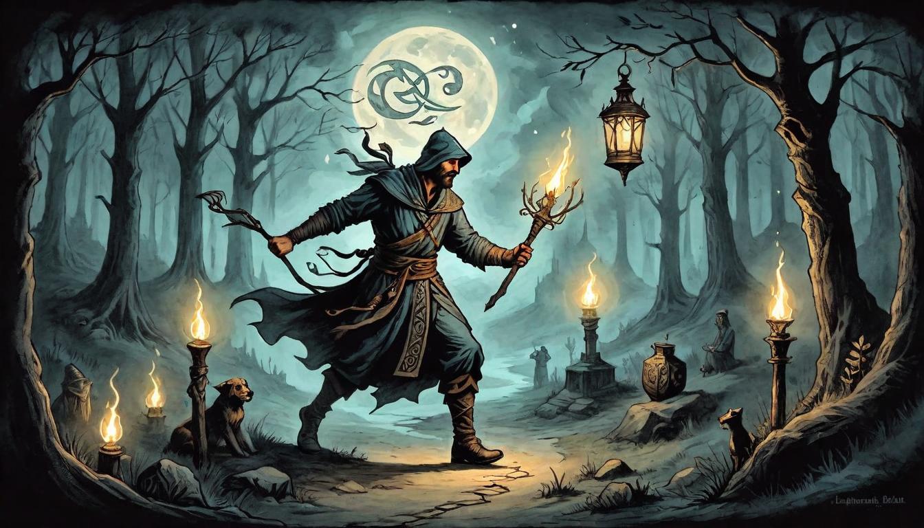  on parchment, surrealism+++, A lantern bearer forging through the dark, illuminating ancient symbols on a forgotten path, Quest for enlightenment, Pathway marked by runes, beacon in the dark, discovery's glow(mysterious, provocative, symbolic,muted color)+++