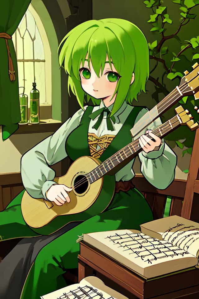  Green hair character comfortable medieval music, fantasy bard, tavern atmosphere