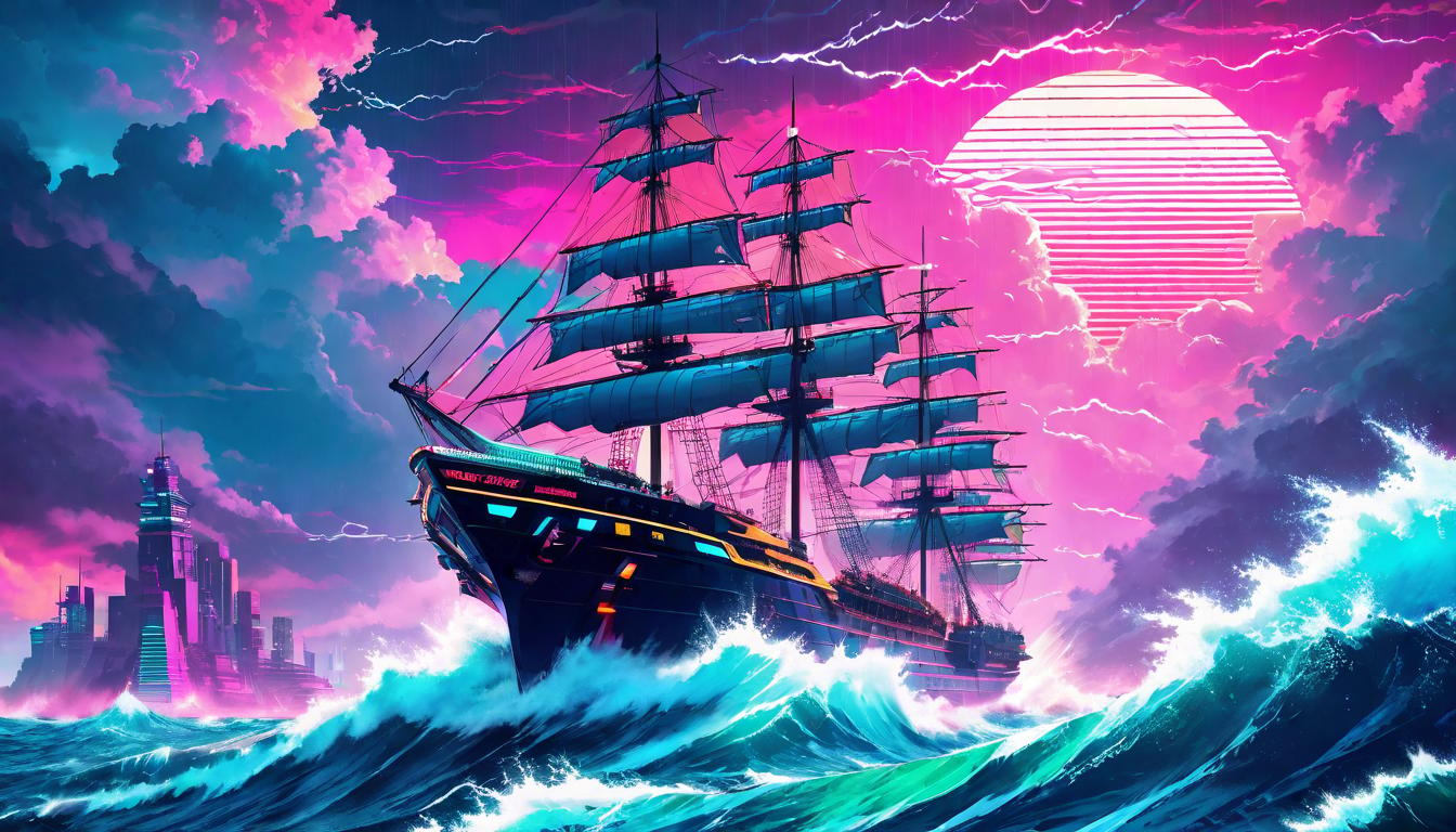  vaporwave,cyberpunk game style A ship navigating tumultuous seas under stormy skies, The struggle against overwhelming odds, perseverance in adversity, Waves as adversaries, the journey of resilience, Battling the elements, the steely resolve of the undauntedeon, dystopian, futuristic, digital, vibrant, detailed, high contrast, reminiscent of cyberpunk genre video games,retro aesthetic, cyberpunk, vibrant, neon colors, vintage 80s and 90s style, highly detailed