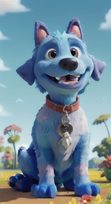  {Max carefully picking up the ball with his teeth without disturbing the flowers, The big blue dog is large with sky blue fur, big round eyes, a black nose, and floppy ears.