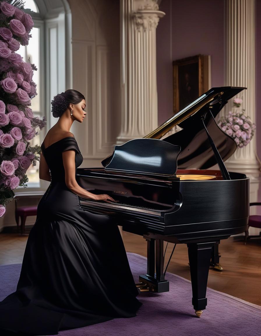  A Victorian beauty in mourning in a black dress plays on the white and black keys of a white grand piano. Half tilted away from it, there's a bouquet of lavender roses from the 1870s on the table. hyperrealistic, full body, detailed clothing, highly detailed, cinematic lighting, stunningly beautiful, intricate, sharp focus, f/1. 8, 85mm, (centered image composition), (professionally color graded), ((bright soft diffused light)), volumetric fog, trending on instagram, trending on tumblr, HDR 4K, 8K