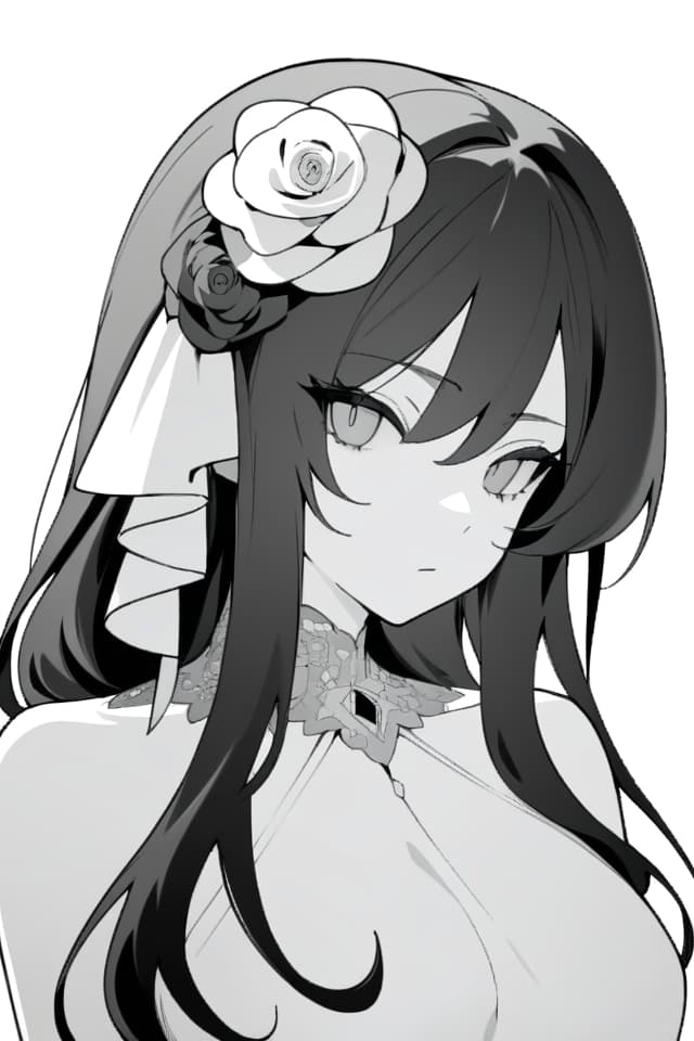  (masterpiece,best quakity;1.4),1girl,solo,black hair,long hair,grey eyes,formal dress,grey rose hair ornament,expressionless,simple background,portrait,(monochrome:1.2),