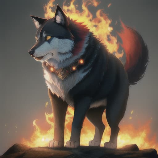  cat, dog, wolf, Angel of fire, red hair, glowing eyes, toga, fire, haze, heat, pretty, realistic lighting, detailed, red, hell, ultra hd, realistic, vivid colors, highly detailed, UHD drawing, pen and ink, perfect composition, beautiful detailed intricate insanely detailed octane render trending on artstation, 8k artistic photography, photorealistic concept art, soft natural volumetric cinematic perfect light