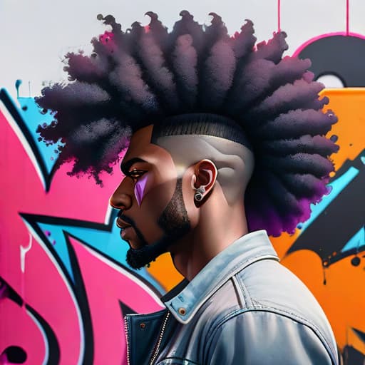  painting of graffiti Black man face, side view, voluminous afro hairstyle,clear Hair detailed, color painting, graffiti style, ((white background)),High Quality,Highly detailed, Trending on artstation, Unreal engine, Vivid Color, Bocke hyperrealistic, full body, detailed clothing, highly detailed, cinematic lighting, stunningly beautiful, intricate, sharp focus, f/1. 8, 85mm, (centered image composition), (professionally color graded), ((bright soft diffused light)), volumetric fog, trending on instagram, trending on tumblr, HDR 4K, 8K