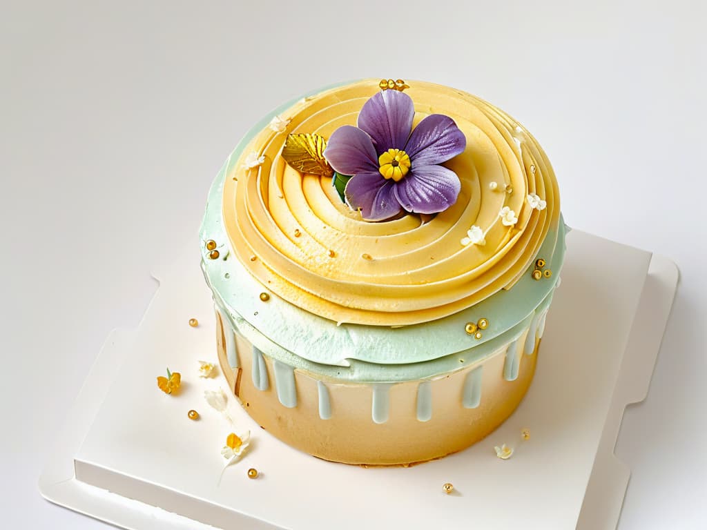  A closeup, ultradetailed image of a perfectly frosted cupcake with intricate swirls of pastelcolored buttercream, topped with delicate edible flowers and shimmering gold leaf, set against a stark white background to emphasize the flawless craftsmanship and artistry of the dessert. hyperrealistic, full body, detailed clothing, highly detailed, cinematic lighting, stunningly beautiful, intricate, sharp focus, f/1. 8, 85mm, (centered image composition), (professionally color graded), ((bright soft diffused light)), volumetric fog, trending on instagram, trending on tumblr, HDR 4K, 8K