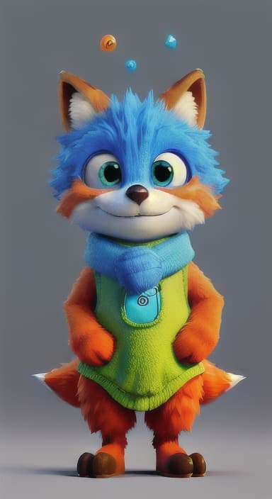  {Error the fox pressing the blue button with his paw, looking puzzled as nothing occurs., Error is a small, bright orange fox with a fluffy tail and big, inquisitive eyes. He has a mischievous yet kind expression and wears a tiny green scarf.