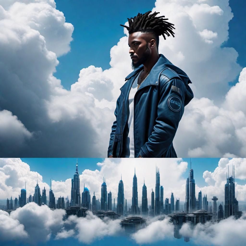  Design a logo for 'Cloud City Concepts', a futuristic clothing company. Include a stylized image of a black male with dreadlocks, set against a backdrop of clouds to convey the impression of a city in the sky. Use a modern, fashionable aesthetic with a color palette of blues, whites, and greys, to give a sense of the future and sky. The company name 'Cloud City Concepts' should be integrated into the design in a stylish, contemporary font that's easily legible. hyperrealistic, full body, detailed clothing, highly detailed, cinematic lighting, stunningly beautiful, intricate, sharp focus, f/1. 8, 85mm, (centered image composition), (professionally color graded), ((bright soft diffused light)), volumetric fog, trending on instagram, trending on tumblr, HDR 4K, 8K