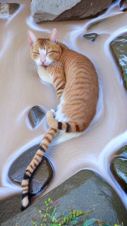  a mighty cat taking nap on a big stone in the midst of river flow,