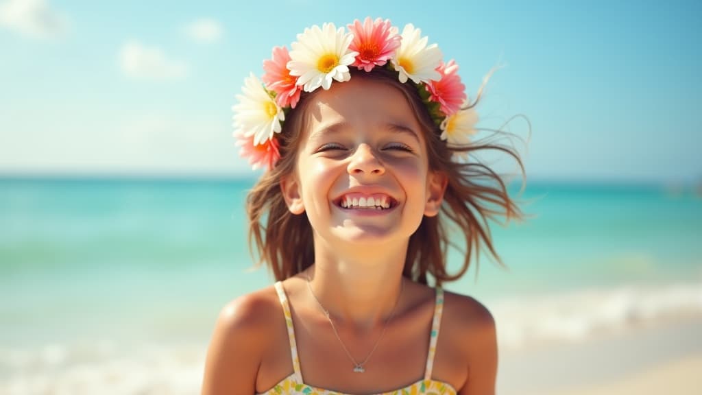  good quality, high quality, a joyous girl with a flower crown on a sunny beach enjoying the warm ocean breeze