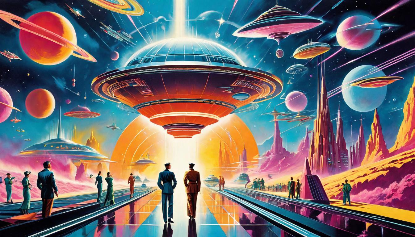  retro futuristic A dynamic scene of individuals coming together, each action creating streams of light that intertwine, positioning them as catalysts for societal transformation; vivid and hopeful surrealism lvintage sci fi, 50s and 60s style, atomic age, vibrant, highly detailed