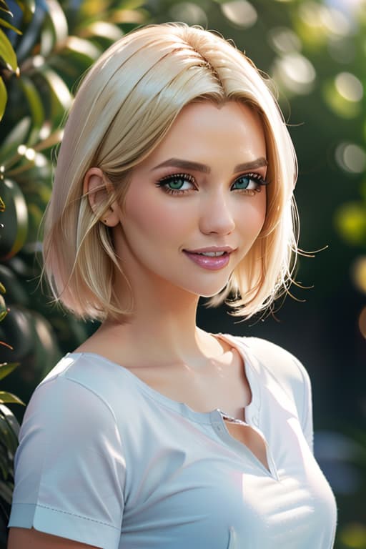  1girl,1girl,blonde short hair,straight hair,upper body shot,shirt,smile hyperrealistic, full body, detailed clothing, highly detailed, cinematic lighting, stunningly beautiful, intricate, sharp focus, f/1. 8, 85mm, (centered image composition), (professionally color graded), ((bright soft diffused light)), volumetric fog, trending on instagram, trending on tumblr, HDR 4K, 8K