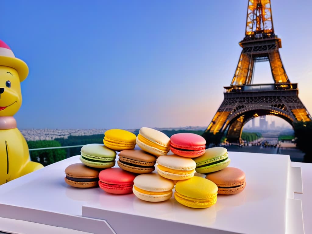  A highresolution, minimalist image featuring a colorful array of intricately designed macarons set against a backdrop of the Eiffel Tower at dusk, showcasing the fusion of French culinary artistry and iconic Parisian landmarks. hyperrealistic, full body, detailed clothing, highly detailed, cinematic lighting, stunningly beautiful, intricate, sharp focus, f/1. 8, 85mm, (centered image composition), (professionally color graded), ((bright soft diffused light)), volumetric fog, trending on instagram, trending on tumblr, HDR 4K, 8K