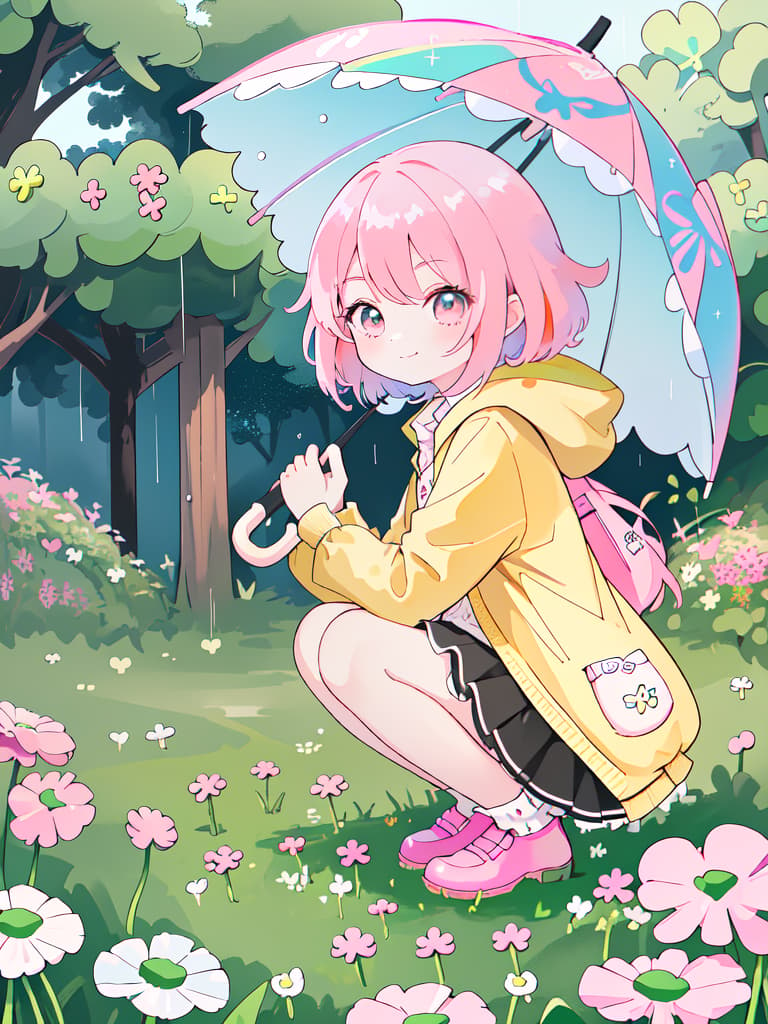  ultra detailed:1.2,masterpiece:1.2,best quality,masterpiece,bestquality,hdr:1.1,8k:1.1,very cute girl:1.3,(clover field:1.3),search a clover:1.3,holding clover:1.4,holding umbrella:1.3,heavy rain:1.3,rainbow:1.2,(checkerd pattern,big umbrella :1.1),(pink hair:1.3),happy smile:1.3,(squatting,kneeling:1.4)from below:1.2,from side,looking down,closed mouth:1.1,face focus:1.5,yellow raincoat:1.1, masterpiece, best quality,8k,ultra detailed,high resolution,an extremely delicate and beautiful,hyper detail