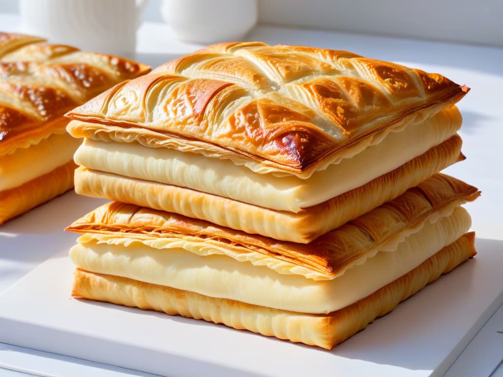  A closeup, ultradetailed image of perfectly flaky and goldenbrown puff pastry layers, delicately folded and stacked on each other, showcasing the precise technique and expertise required in laminating dough for exquisite pastries. The image captures the light reflecting off the crispy, buttery layers, highlighting the intricate texture and craftsmanship involved in creating the perfect puff pastry. hyperrealistic, full body, detailed clothing, highly detailed, cinematic lighting, stunningly beautiful, intricate, sharp focus, f/1. 8, 85mm, (centered image composition), (professionally color graded), ((bright soft diffused light)), volumetric fog, trending on instagram, trending on tumblr, HDR 4K, 8K