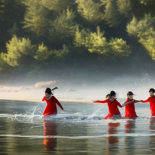  A group of happy children are playing in the water very happy hyperrealistic, full body, detailed clothing, highly detailed, cinematic lighting, stunningly beautiful, intricate, sharp focus, f/1. 8, 85mm, (centered image composition), (professionally color graded), ((bright soft diffused light)), volumetric fog, trending on instagram, trending on tumblr, HDR 4K, 8K