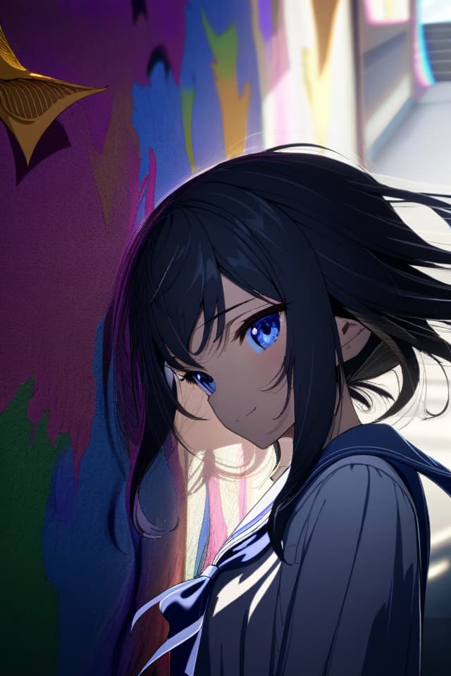  a beautiful black haired girl,long messy hair,beautiful detailed deep blue eyes,cute and beautiful face,shy smile,School uniform,colorful,(masterpiece:1.2),(best quality:1.2),ultra detailed,best shadow,detailed background,high contrast,(best illumination,an extremely delicate and beautiful),((cinematic light)),hyper detail,dramatic light,intricate details,8k,anime,very aesthetic,