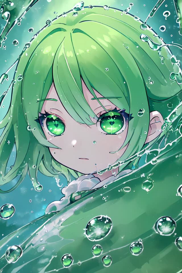  Super hydrophobic substance of green hair characters, super rebound between water drops, ultra high quality, 4K, 8k, detailed details, detailed depictions, green hair characters reflected in water droplets